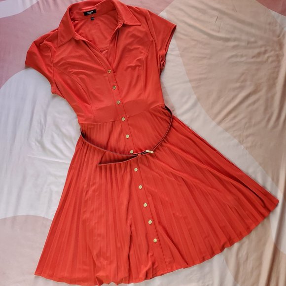 Premise Dresses & Skirts - Premise Orange Swing Dress with Belt and Pleats XL